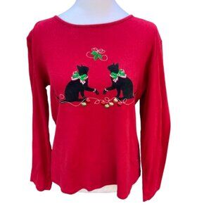 Karen Scott Red Holiday Tee-Shirt with Two Festive Cats Embellished, size Medium